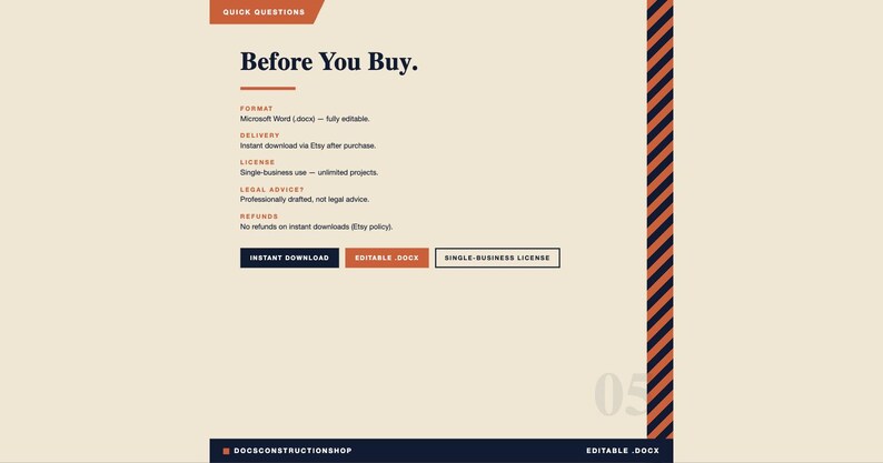 Op de afbeelding: Digitaal document getiteld "Before You Buy" met informatie over formaat, levering, licentie, juridisch advies en restitutie. Het ontwerp heeft een cr&egrave;mekleurige achtergrond, oranje en zwarte strepen aan de rechterkant en tekst in zwart en oranje.