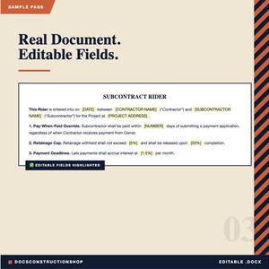 Op de afbeelding: Een document getiteld "Subcontract Rider" met bewerkbare velden, weergegeven op een beige achtergrond. Het document bevat tekst en een gemarkeerde sectie. De bovenkant van de pagina luidt "Real Document. Editable Fields."