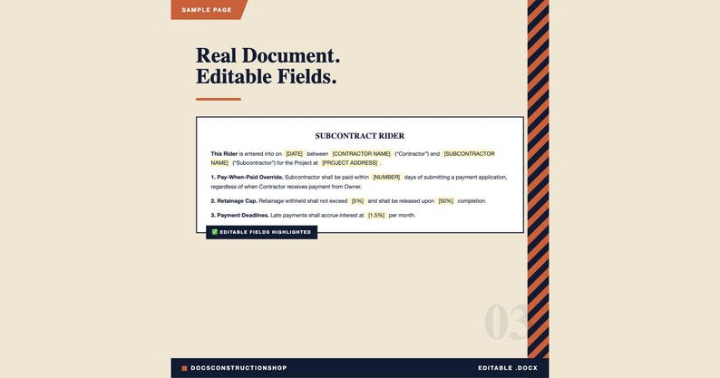 Op de afbeelding: Een document getiteld "Subcontract Rider" met bewerkbare velden, weergegeven op een beige achtergrond. Het document bevat tekst en een gemarkeerde sectie. De bovenkant van de pagina luidt "Real Document. Editable Fields."