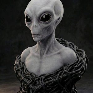 May include: A grey alien bust featuring a smooth, elongated head with large, solid black oval eyes and a slender neck. The figure is depicted from the chest up, with the lower portion encased in a dense, dark, tangled mass of vine-like structures.