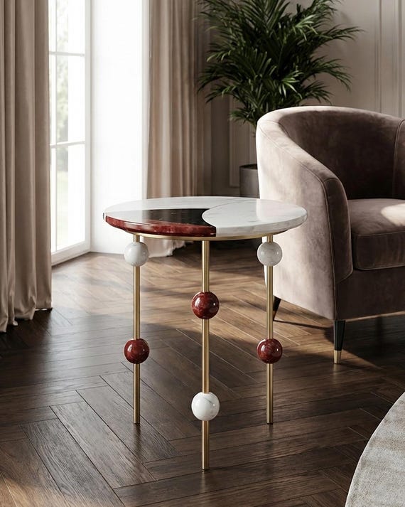 Marble Side Table, Round End Table, Pietra Dura Inlay Top, Brass Leg Accent Table, Small Nightstand, Handmade