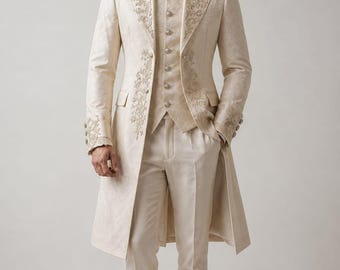Men’s Ivory Embroidered Wedding Tailcoat, Royal Groom Sherwani Suit, Prince Style Reception Outfit, Victorian Inspired Menswear.