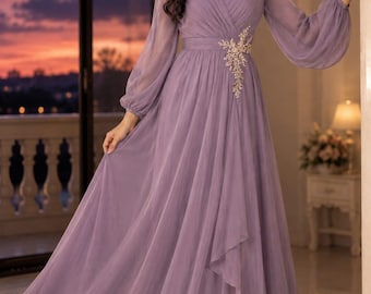 Elegant Lavender Chiffon Evening Dress for Women, Long Sleeve Formal Gown, Modest Maxi Party Dress, Bridesmaid Dress, Wedding Guest Dress.
