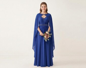 Royal Blue Cape Sleeve Evening Maxi Dress, Elegant Chiffon Formal Gown, Beaded Bridesmaid Dress, Mother of the Bride Dress.