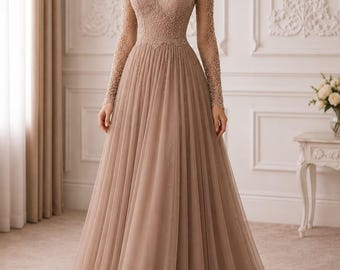 Elegant Champagne Tulle Evening Gown, High Neck Long Sleeve Formal Dress, Beaded Maxi Dress, Modest Wedding Guest Dress, Princess Ball Gown.