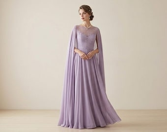 Elegant Lavender Cape Sleeve Evening Gown | Modest Formal Dress | Chiffon Maxi Dress | Bridesmaid Dress | Wedding Guest Outfit.