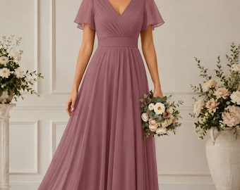 Stoffig mauve chiffon moeder van de bruid jurk lange maxi avondjurk elegante fladdermouwen formele jurk bruiloft gastjurk vloerlengte.
