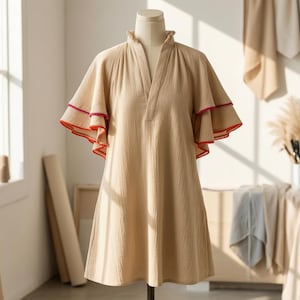 May include: A beige dress with a V-neck and short, ruffled sleeves. The dress is displayed on a mannequin. The sleeve edges are trimmed with red and pink detailing. The dress has a high collar.