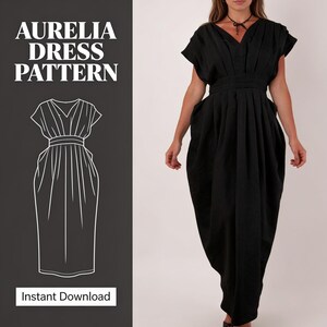May include: A black dress with a V-neckline, short sleeves, and a pleated bodice and skirt. The image includes the text AURELIA DRESS PATTERN and Instant Download, alongside a white line drawing of the dress design on a dark background.