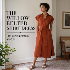 Willow Hemdblusenkleid mit Gürtel – Midi-Länge, kurze Ärmel und Taschen (PDF-Download)