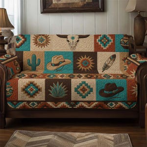 Quilted Sofa Cover, Custom Sofa Seat Cover, Southwest Turquoise Patchwork Throw, Luxury Furniture Protector With Hats, Cactus Decor Gift