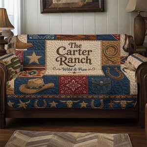 Quilted Sofa Cover, Custom Sofa Seat Cover, Western Ranch Patchwork Throw, Luxury Furniture Protector With Cowboy Hat, Red Blue Decor Gift