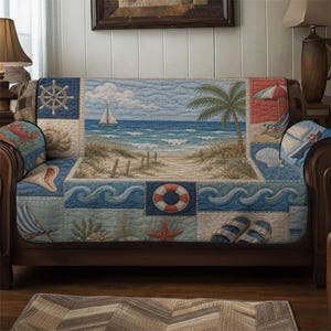 Gesteppte Sofadecke, gesteppte Sofaabdeckung, Küstenstrand-Patchwork-Überwurf, kundenspezifische Sofa-Sitzabdeckung des blauen Ozeans, Luxusmöbelschutz für nautisches Wohnzimmer