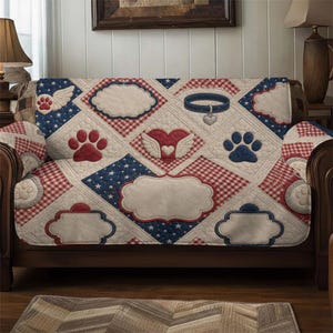 Quilted Sofa Cover, Paw Heart Patchwork Throw, Red Blue Custom Sofa Seat Cover, Luxury Furniture Protector for Custom Pet Home Gift Decor