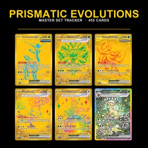 Könnte beinhalten: Ein Prismatic Evolutions Master Set Tracker für 455 Karten mit sechs Pokémon-Sammelkarten. Fünf Karten haben ein goldenes Metallic-Finish mit Charakterillustrationen, während die sechste Karte eine detaillierte Waldszene zeigt.