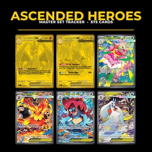 Peut inclure: Un suivi numérique intitulé ASCENDED HEROES MASTER SET TRACKER 575 CARDS présentant six cartes à collectionner. La rangée supérieure montre les cartes dorées Mega Charizard EX, Mega Dragonite EX et une Mega Meganium EX colorée. La rangée inférieure affiche Mega Emboar EX, Mega Feraligatr EX et Mega Froslass EX.