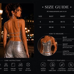 May include: A silver sequined backless top with thin straps and a size guide chart. The chart lists bust, waist, and length measurements in cm for sizes S and M. Includes care instructions for hand washing and product features like adjustable straps.