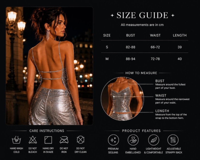 May include: A silver sequined backless top with thin straps and a size guide chart. The chart lists bust, waist, and length measurements in cm for sizes S and M. Includes care instructions for hand washing and product features like adjustable straps.