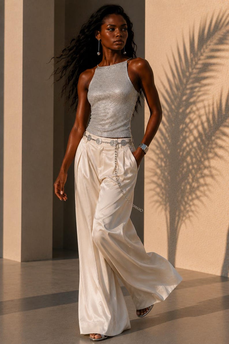 May include: A sleeveless silver sequined top with a high neckline paired with wide-leg cream satin trousers. The outfit includes a silver chain belt featuring circular medallions, long drop earrings with spherical pendants, and a wide silver cuff bracelet.