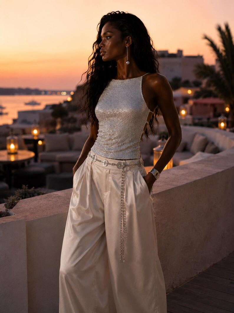 May include: A sleeveless silver sequined top with a high neckline paired with wide-leg cream satin trousers. A thin silver chain belt with circular accents rests on the waist, and a single long silver earring with a pearl drop is visible.