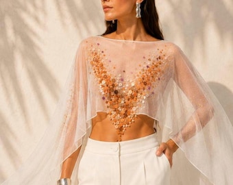 Aurora Veil Top | Handmade Sequin Sheer Cape Blouse | Sparkly Festival Outfit | Luxe Mesh Party Top | Bridal Beach Cover Up | Sequin.le