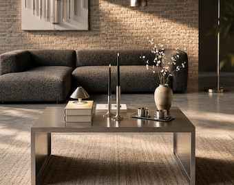Brutalist Stainless Steel Coffee Table, Minimalist Industrial Living Room Furniture
