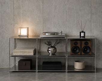 Modern Stainless Steel Console Table | Modular Metal Shelving Unit | Minimalist Industrial Storage Console | Entryway TV Stand