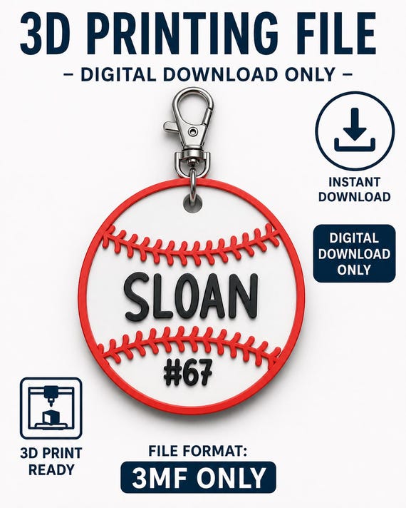 Baseball Bag Tag 3d Printing File | Personalized Name Keychain | 3MF File Only | Digital Download | Commercial Use Included