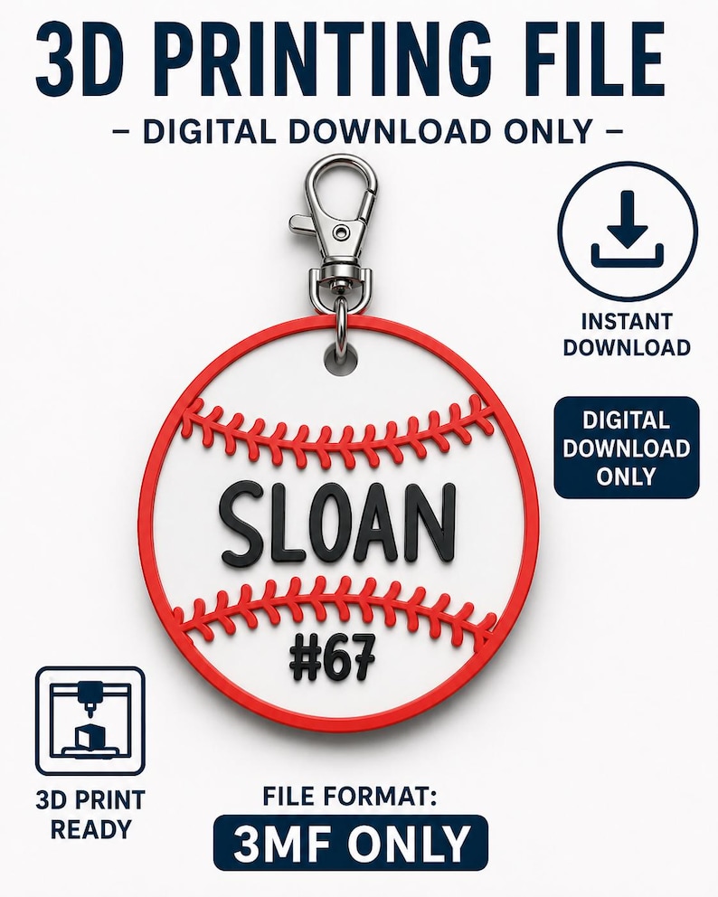 Puede incluir: Un llavero con tem&aacute;tica de b&eacute;isbol con el nombre "SLOAN" y el n&uacute;mero "67" en negro sobre un fondo blanco, enmarcado por un borde y costuras rojas. El llavero incluye un cierre plateado y el texto "3D PRINTING FILE - DIGITAL DOWNLOAD ONLY".