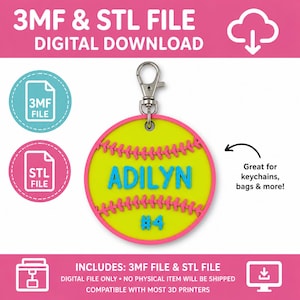 Può includere: Un file scaricabile digitalmente per un portachiavi a tema softball. Il design presenta un cerchio giallo con cuciture rosa e un bordo rosa. Il nome "ADILYN" è in blu, con il numero "#4" sotto. Include file 3MF e STL.
