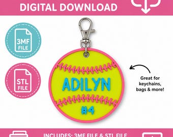Archivo para impresión 3D de etiqueta para bolsa de softbol / Llavero personalizado con nombre (descarga digital)