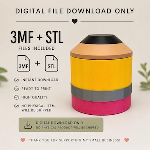 Puede incluir: Descarga digital de un archivo para un contenedor con forma de lápiz. El contenedor es amarillo, rosa, gris, negro y marrón claro. El texto de la imagen dice "SOLO DESCARGA DIGITAL" y "3MF + STL ARCHIVOS INCLUIDOS".