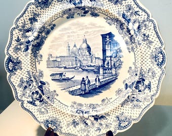 Antique Blue and White Transferware Plate - Venice "Italian" Series Scene "