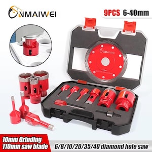 May include: A set of red and silver diamond hole saws and a saw blade, displayed in a black case. The set includes various sizes, with the text "9PCS 6-40mm" and "10mm Grinding 110mm saw blade 6/8/10/20/35/40 diamond hole saw".