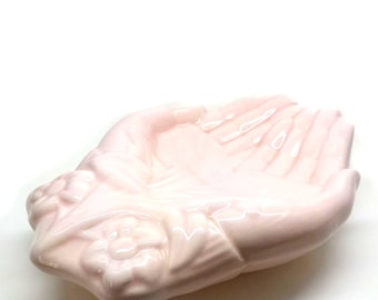 VintageTwo hand Shaped Soap Dish, Jewelry Holder in Pale Pink. JB99