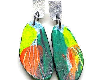 One-of-a-Kind Hand-Painted Wooden Earrings, Lightweight Balsa Wood & Sterling Silver Jewelry