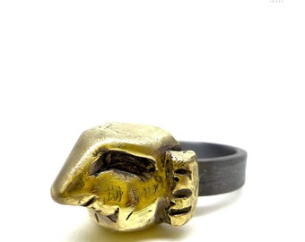 One off Unique Silver and Brass Brutalist Face Ring, Thick Band Ring . E808