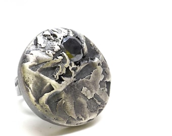 Brutalist Black Moissanite, Organic Textured Silver unisex Ring, Avant Garde Jewelry.