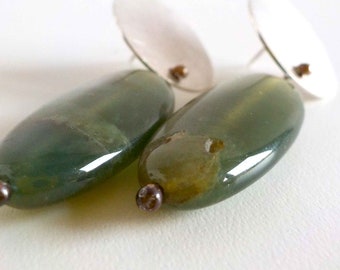 Organic, Green Agate , Sterling Silver Dangling handmade Earrings. E102