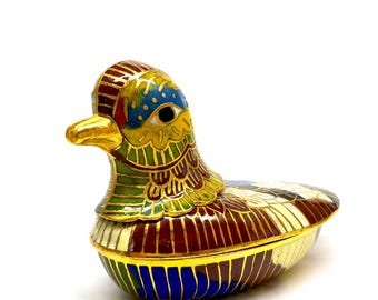 Vintage Chinese Cloissone Hand Painted Brass Enamle Duck  Keepsake Trinket Box. JB39