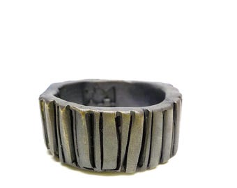 Sterling Silver Ring for Men | Bold Textured Band with Striped Accent
