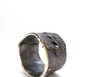 Brutalist Black Silver Ring: Massive Textured Band, Size 16