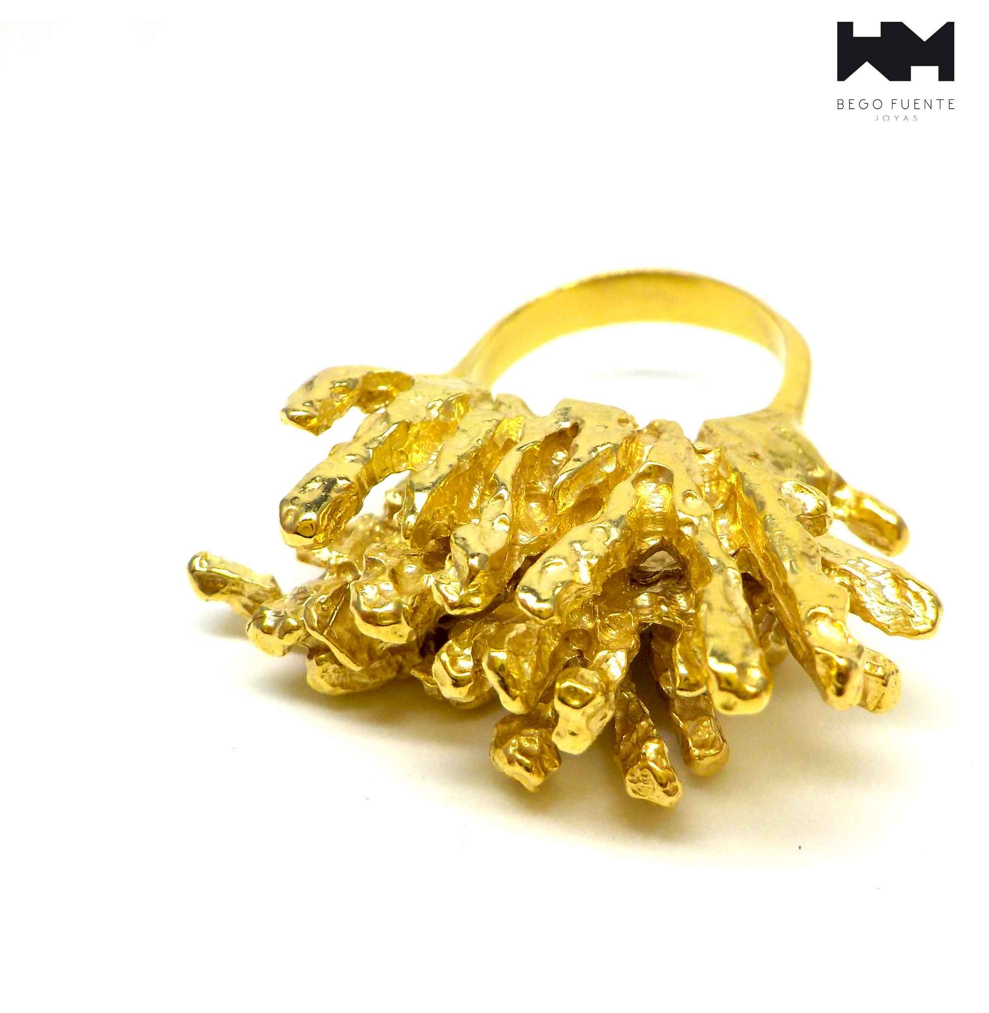 One of a Kind Sculptural Organic Nature Inspired Gold Plated Sterling Coral Ring. E