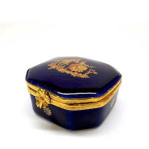 Boîte à bibelots vintage bleue en porcelaine de Limoges fine française. JB93
