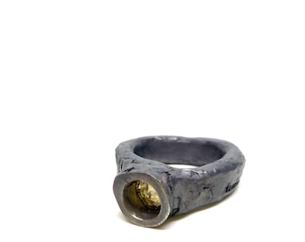 Oxidized Sterling Silver & Brass Brutalist Statement Ring, Wabi Sabi Jewelry, Rustic Amulet.