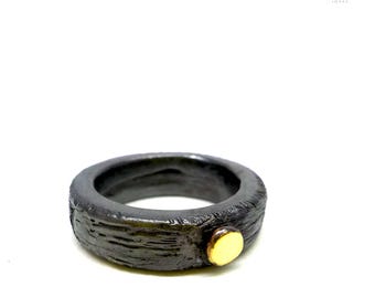Brutalist Thick Textured Sterling Silver and 18k Gold Minimalist Ring. E871