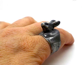 Brutalist Sterling Silver Hare Ring, Bold Animal Statement Jewelry