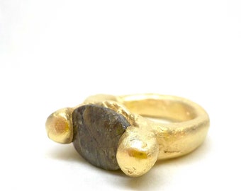 Unique 18k Gold Plated Rustic Bold Ring featuring a Brown Sapphire. E824