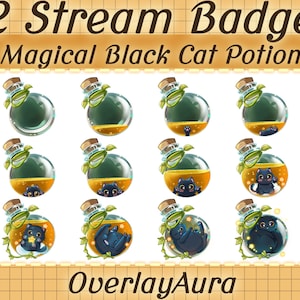 May include: Twelve stream badges featuring potion bottles with black cat designs. The bottles have a green liquid at the top and a yellow liquid at the bottom. The text "12 Stream Badges Magical Black Cat Potion" is at the top.
