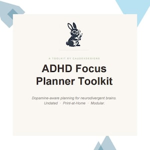 May include: ADHD Focus Planner Toolkit by Caudexdesigns. The image features a black and white illustration of a rabbit wearing glasses and holding a pencil. The text reads "ADHD Focus Planner Toolkit" and "Dopamine-aware planning for neurodivergent brains."